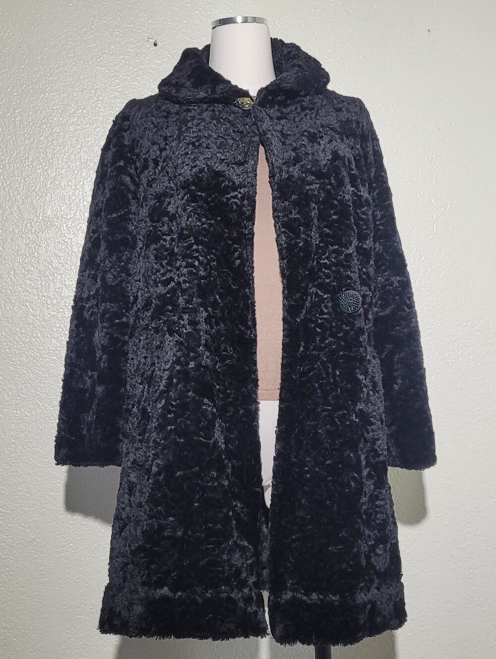 Rama Kurta Black Mohair Faux Fur Coat with Textured, Ruffled Pattern. No Size